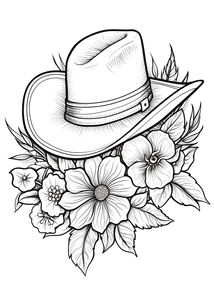 Floral Cowboy Hat - boho floral coloring pages