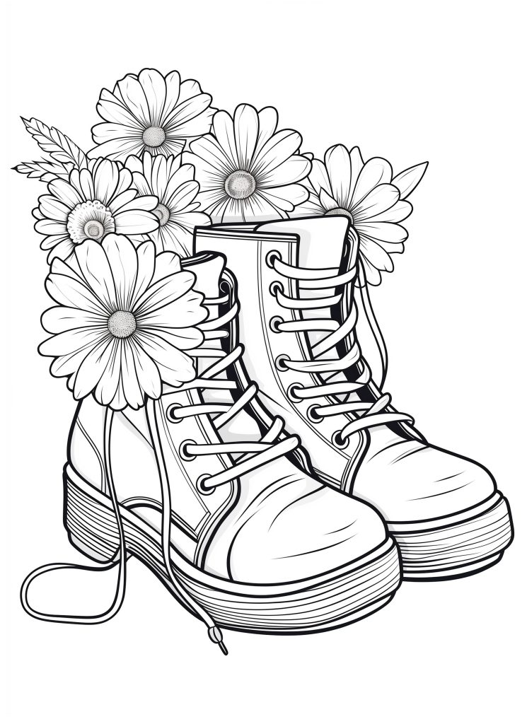 Floral Boots - boho floral coloring pages
