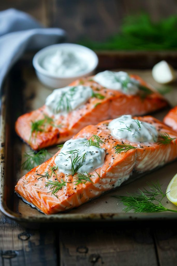 Baked Salmon with Herbed Yogurt Sauce - Mediterranean diet recipes